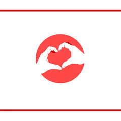 Heart created with hands. Hands gesture symbolized love. Hands in pink circle. Vector logo design template.