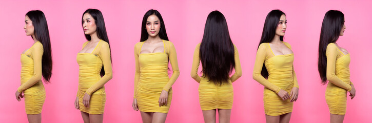 Collage group pack Portrait of Fashion Asian Woman Tan skin black long hair to waist beautiful high fashion make up sexy boob dress. Studio Lighting pink sweet Background copy space text logo