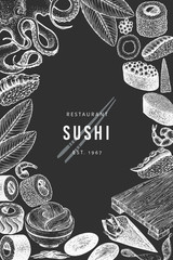Japanese cuisine design template. Sushi hand drawn vector illustration on chalk board. Retro style asian food background.