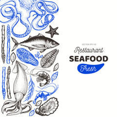 Seafood and fish design template. Hand drawn vector illustration. Food banner. Can be used for design menu, packaging, recipes, label, fish market, seafood products.