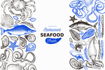 Seafood and fish design template. Hand drawn vector illustration. Food banner. Can be used for design menu, packaging, recipes, label, fish market, seafood products.