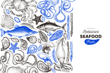 Seafood and fish design template. Hand drawn vector illustration. Food banner. Can be used for design menu, packaging, recipes, label, fish market, seafood products.