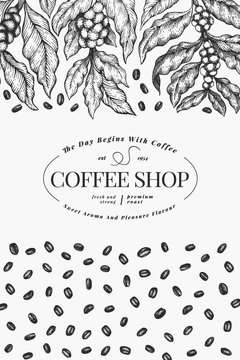 Coffee vector design template. Vintage coffee background. Hand drawn engraved style illustration.