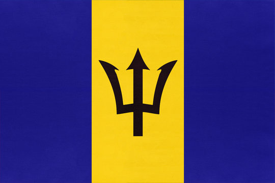 Barbados national fabric flag, textile background. Symbol of american world country.