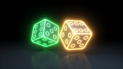 Casino Dices  With Glowing Neon Lights Isolated On The Black Background - 3D Illustration