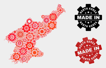 Mosaic industrial North Korea map and textured stamp. Vector geographic abstraction in red colors. Mosaic of North Korea map combined of scattered wheel items. Red colored model for service,