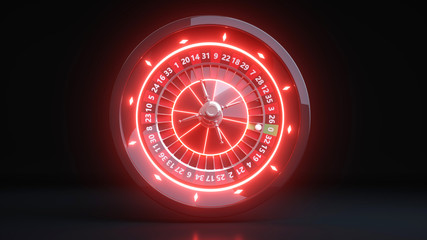 Casino Roulette Wheel Gambling Concept With Neon Red Lights - 3D Illustration