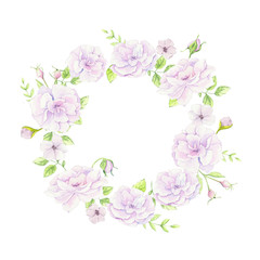 Watercolor wreath of wild roses gently pink. illustration
