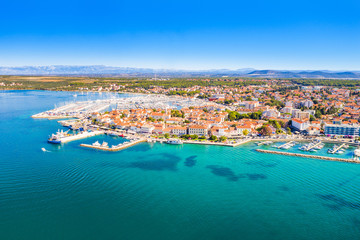 Croatia, town of Biograd on the Adriatic sea, aerial view of marina and historic town center from...
