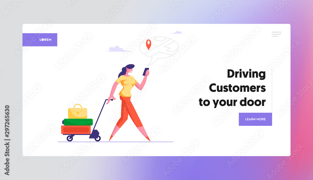 Aufkleber people using gadget online navigation app website landing page. woman with luggage watch on mobile s