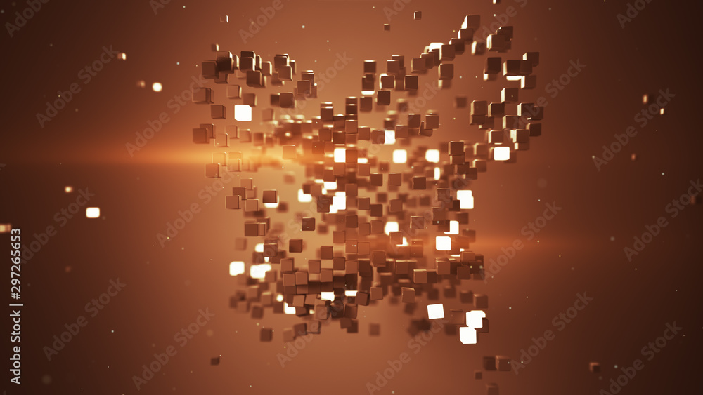 Poster cubic particles in free space abstract 3d render