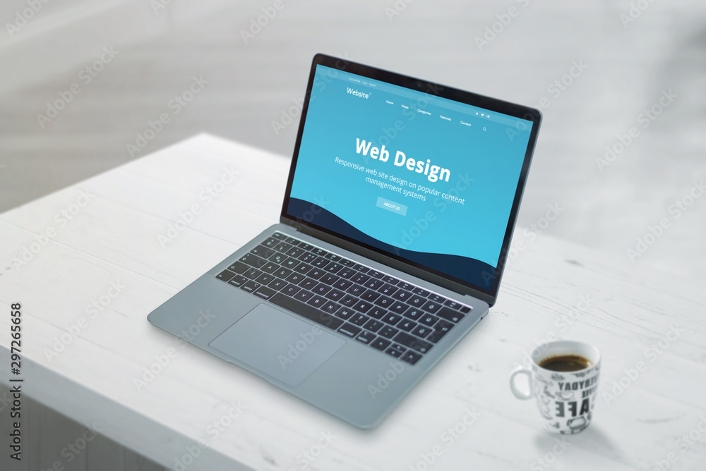 Poster clean, flat design promo web design studio web page on laptop concept. close-up scene of office work