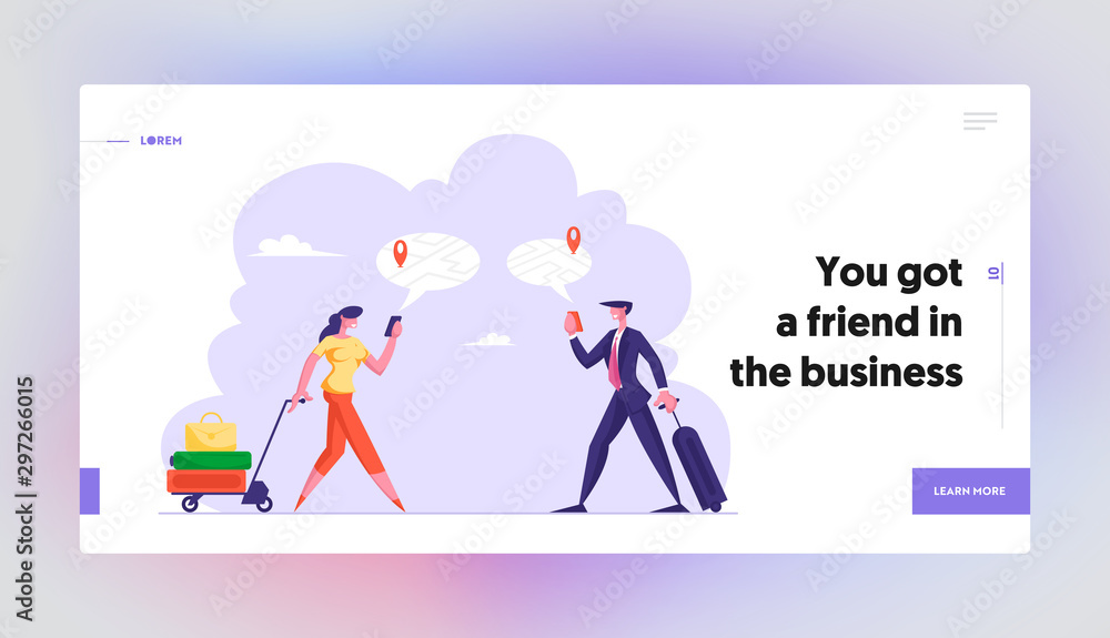 Poster navigation with mobile app website landing page. man and woman with luggage using online map and gps