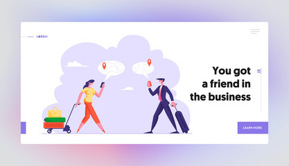 Navigation with Mobile App Website Landing Page. Man and Woman with Luggage Using Online Map and Gps Application on Smart Phone Searching Correct Way Web Page Banner. Cartoon Flat Vector Illustration
