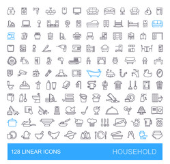 Vector icons on furniture, kitchen, cleaning, household appliances and equipment. 128 linear household icons.