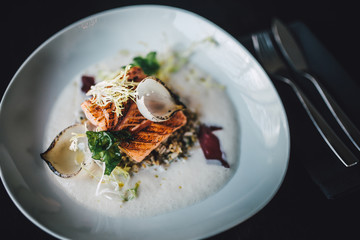 Restaurant chef prepared fish food on dark table. Organic fish food