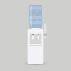 Floor water cooler with glass holder for office and home. Plastic bottle. Water dispenser with blue full bottle, as well hot and cold water taps. Isolated on grey background.Vector illustration