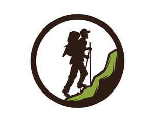 Hiker Climbs a Mountain in a Circle Frame Illustration