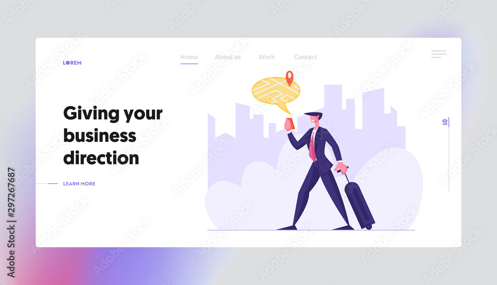 Poster mobile gps navigation cellphone application website landing page. businessman with baggage finding r