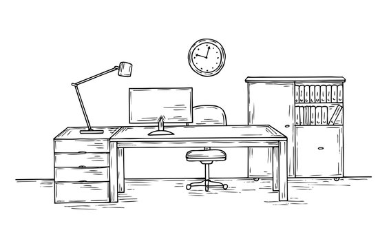 Hand drawn office. Sketch desk with chair computer and lamp. Home officer room interior vector background. Office workspace, illustration of monitor and indoor room sketch