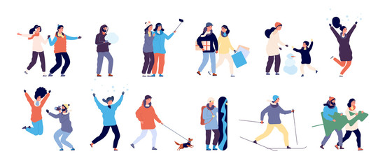 People in winter. Men and women skiing, skating and child making snowman, guy walking dog. Winter activities vector characters set. Illustration winter boy and girl rest christmas season - obrazy, fototapety, plakaty