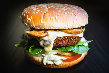 Delicious vegan falafel burger, cheese made from cassava and mushrooms. Healthy veggie vegetarian sandwich with no animal derivatives.