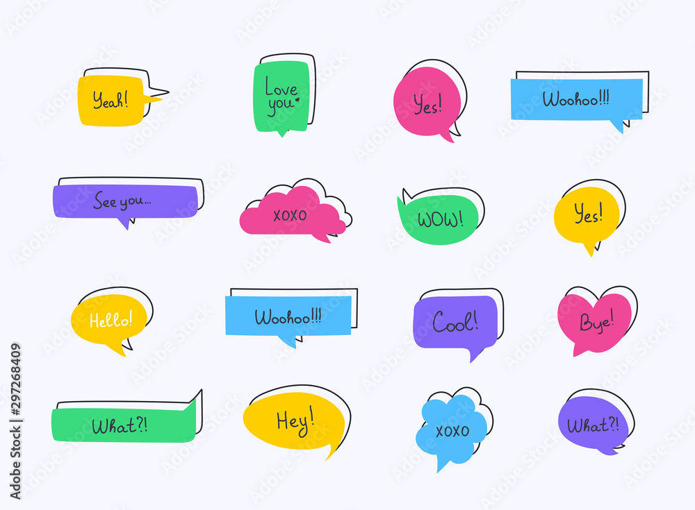 Aufkleber colorful questions speech bubbles set in flat design with short messages.