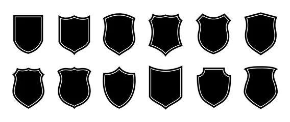 Fotobehang Police badge shape. Vector military shield silhouettes. Security, football patches isolated on white background. Illustration shield shape protection, black security and football badge © MicroOne