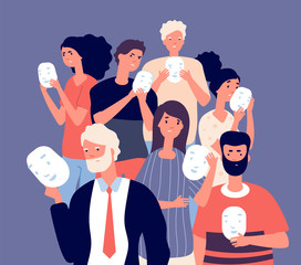 People covering faces with masks. Group of persons hide negative face emotion behind positive mask, fake individuality vector concept. Illustration hypocrisy anonymous, hiding sincerity and illusion