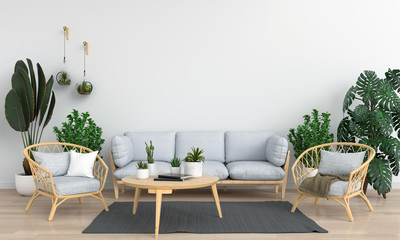 Gray sofa in white room for mockup, 3D rendering