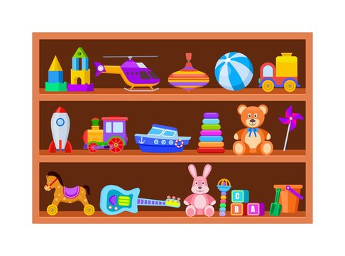 Kid toys on shelves. Children toy on wooden shop shelf in playroom. Cartoon  ball and train, whirligig and guitar vintage vector set. Illustration shelf  with toys for children, rattle and block Stock