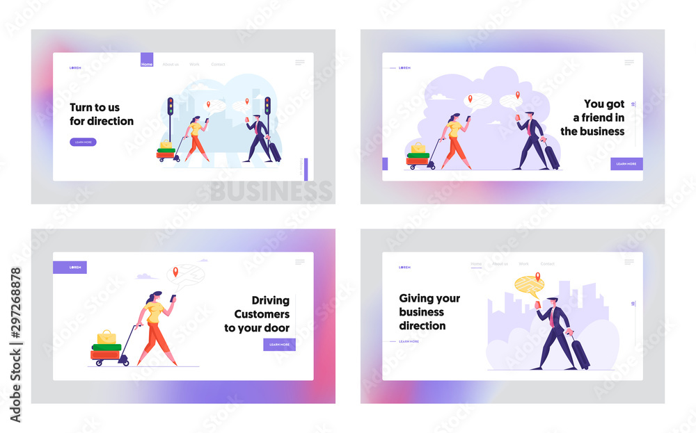 Poster businesspeople use navigation with mobile app website website landing page set. web page banner. tra