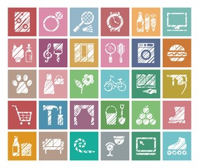 Shops, colored flat icons, hatching, vector. Different product categories. Imitation of pencil hatching. White icons on a colored field.  