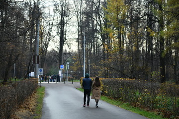 couple of young people walks in the park