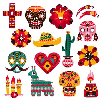 Day of dead. Mexican holiday elements, decorative skull mask, candle and flower. Sombrero, llama and cactus. Dia de muertos vector set. Illustration mexican celebration holiday, mask skull to festival