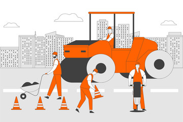 Roadwork and Asphalt Paving. Men in Overall with Heavy Asphalting Machinery. Special Transport, Pavement Compactor. Construction Industry, Building Business Cartoon Flat Vector Illustration, Line Art