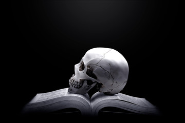 Opened book with a human skull on the table