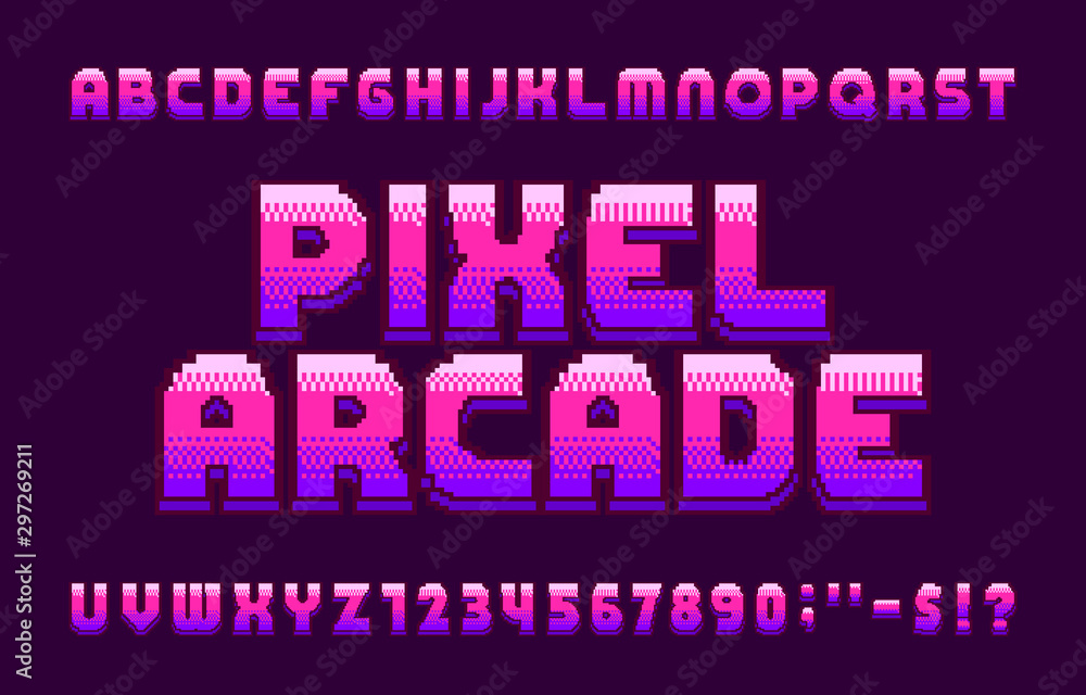 Fototapete pixel arcade alphabet font. 3d pixel letters and numbers in pink. 80s arcade video game typescript.