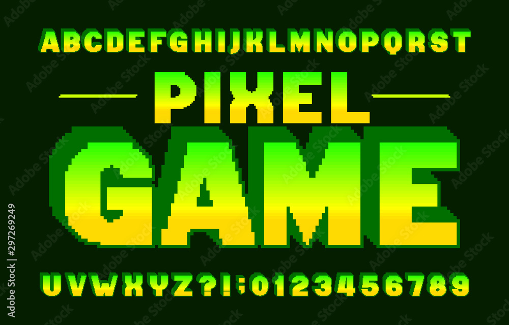 Fototapete pixel game alphabet font. 3d pixel letters and numbers. 80s arcade video game typescript.