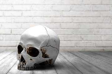 Human skull on a wooden table