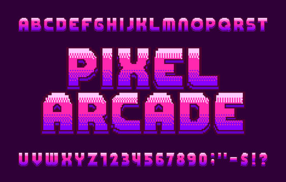Pixel Arcade alphabet font. 3D pixel letters and numbers in pink. 80s arcade video game typescript.