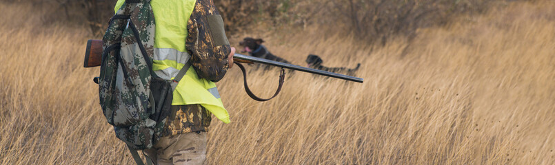 Silhouette of a hunter with a gun in the reeds against the sun, an ambush for ducks with dogs	