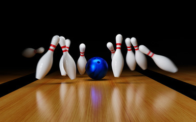 Plakat Bowling Strike on black background. 3d render illustration
