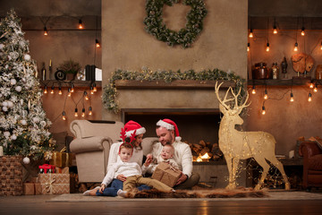 Picture of parents with son at fireplace, deer with garland in room