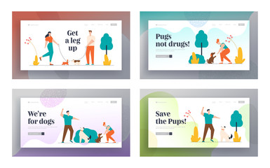 Owners Spending Time with Pets Outdoors Website Landing Page Set. Characters Walking and Training Dogs in Public City Park. Care of Animals Web Page Banner. Cartoon Flat Vector Illustration, Line Art