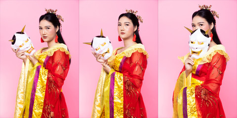 Obraz premium Red Gold lace of Chinese Traditional Costume Opera or South East Asia Reddish Dress in Asian Woman with decoration portrait in many poses under Studio lighting Pink background, collage group pack