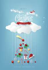 Winter christmas composition in paper cut style.Merry Christmas text Calligraphic Lettering Vector illustration.