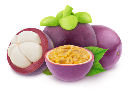Multi-colored exotic composition with fruit mix of passion fruit, mangosteen and mango, isolated on a white background with clipping path.