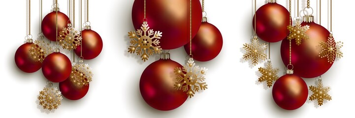Christmas and New Years red Christmas balls and decorative snowflakes hang on golden chains. Group of decorations for festive design isolated on transparent background. Long chains in vector file