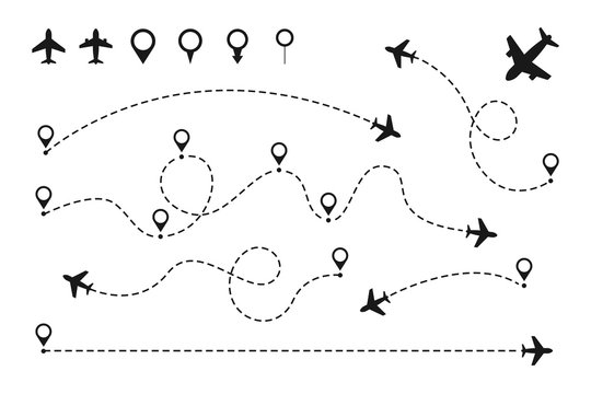 Airplane routes set. Plane paths. Aircraft tracking, planes, travel, map pins, location pins. Vector illustration.